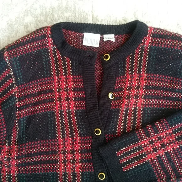 Just for Petites Plaid Chain Link Cardigan Sweater PM Black Red - Picture 11 of 16